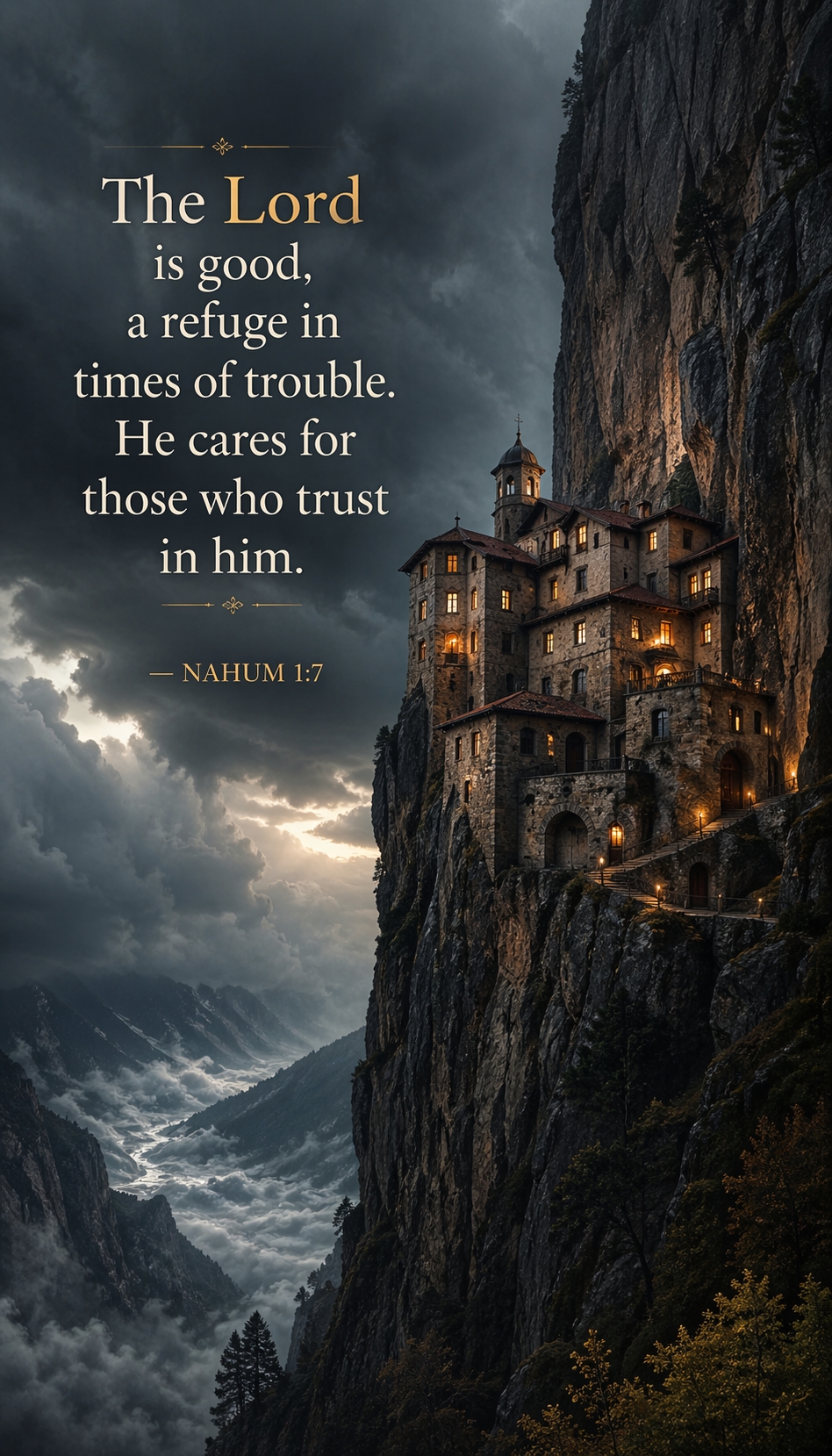 Nahum 1:7 phone wallpaper cliff monastery with warm light above storm clouds - He cares for those who trust